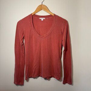 James Perse Long Sleeve V Neck Tee T-Shirt, USA, 100% Cotton, Orange, Size 1/S